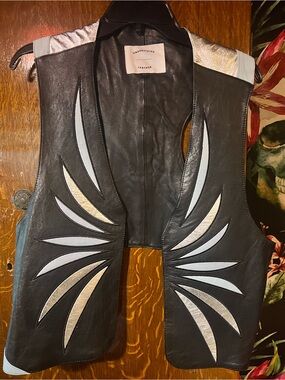 Understated Leather Black Vest with Silver & Light Blue Appliqué